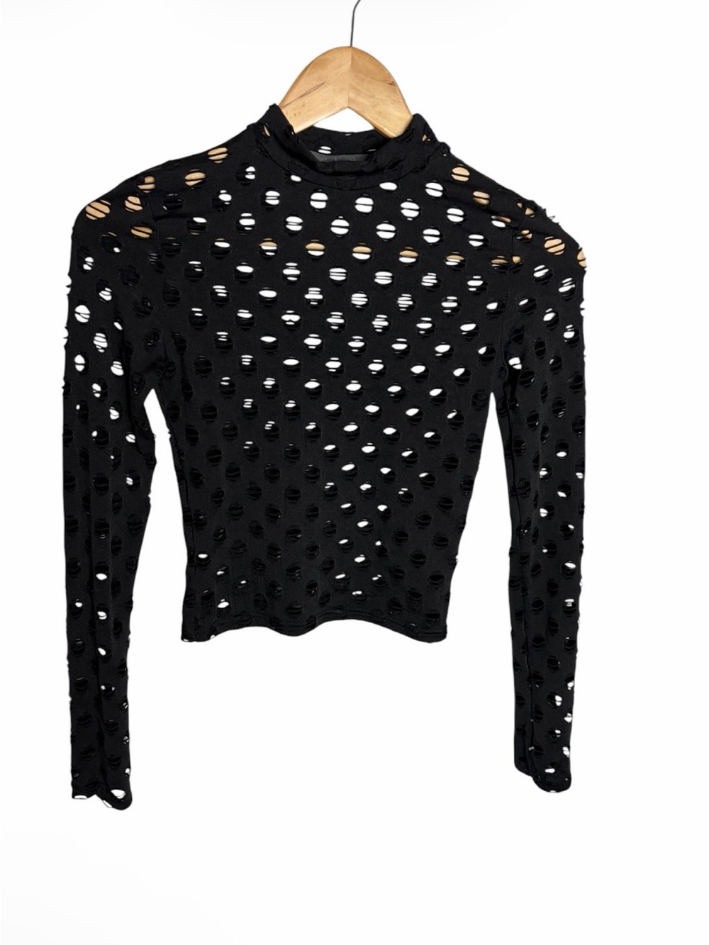 LEAU black spandex distressed holes mock neck long sleeve blouse